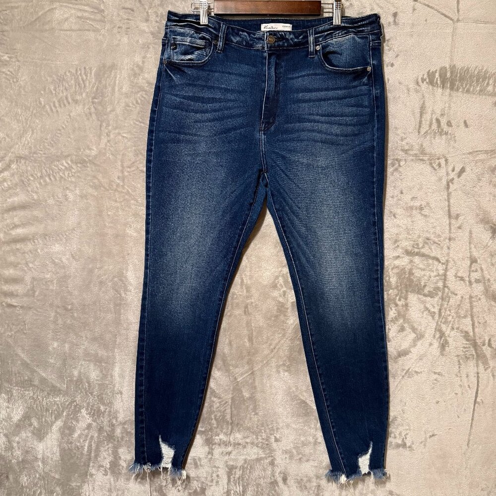 KanCan H-Rise Skinny Jeans Womens Size 33 Dark Wash Distressed Raw Hem Stretch